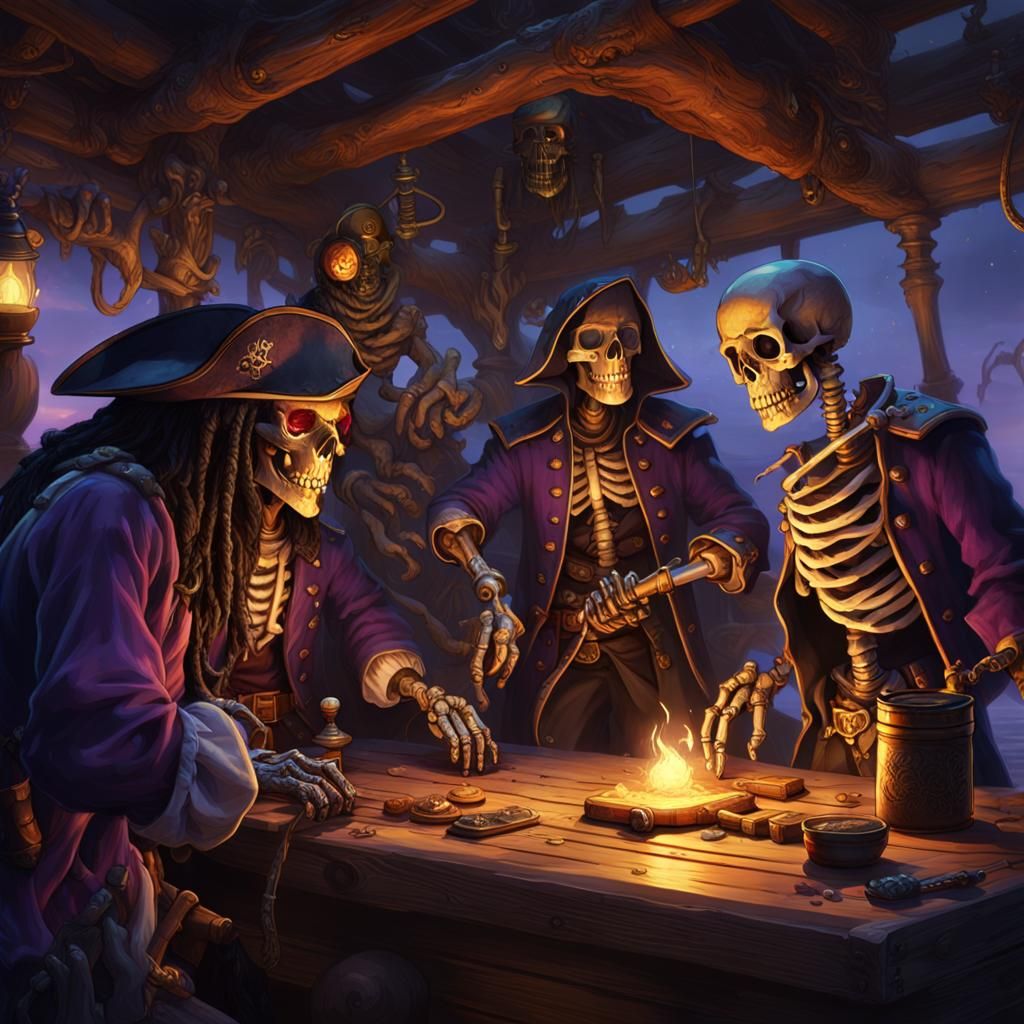 Skeleton Pirate Crew Deck Swabbing: Dark Fantasy Art