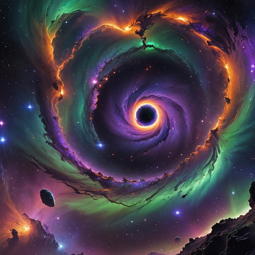 Swirling Black Hole with Purple and Green Nebulae
