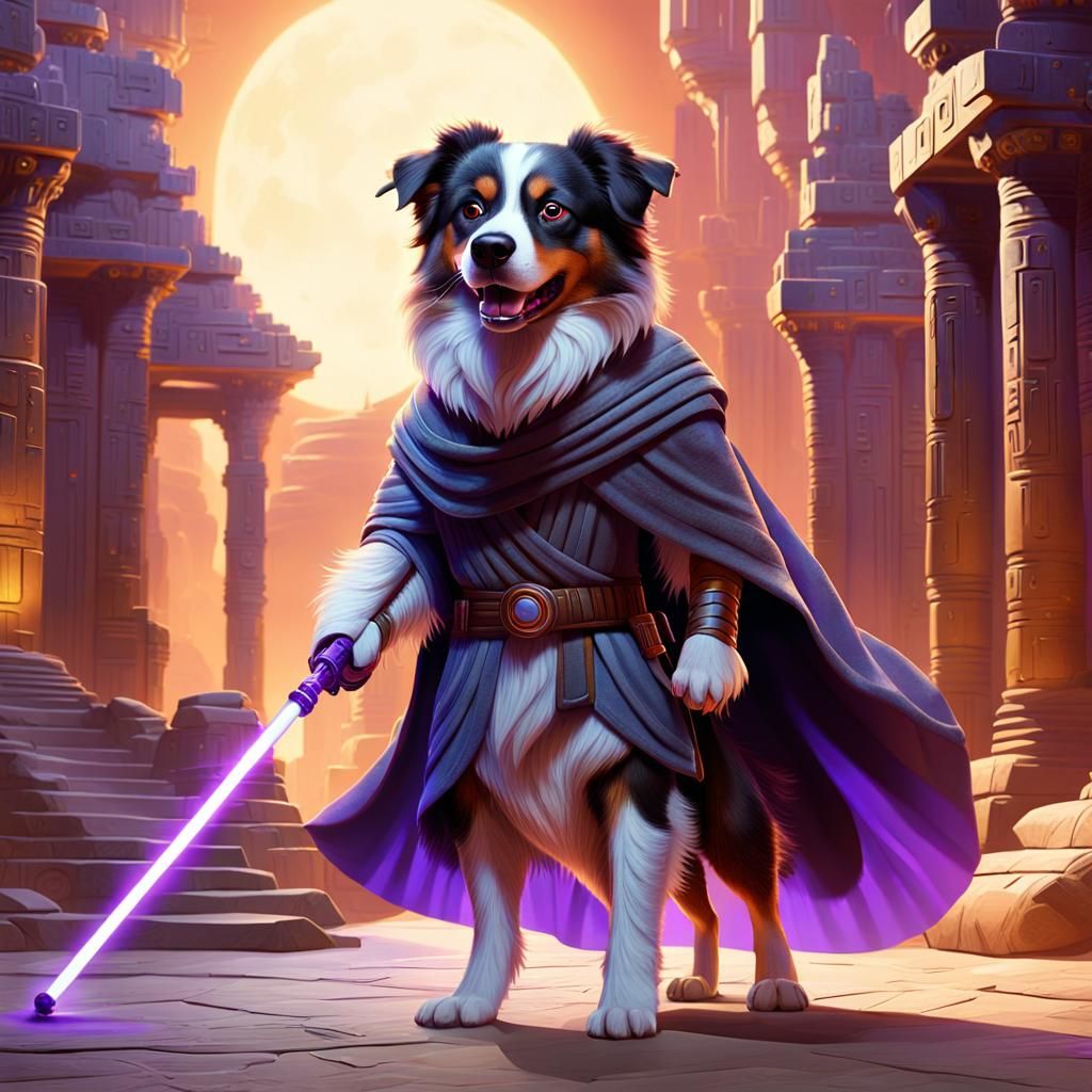Australian Shepherd Jedi Knight in Ancient Temple