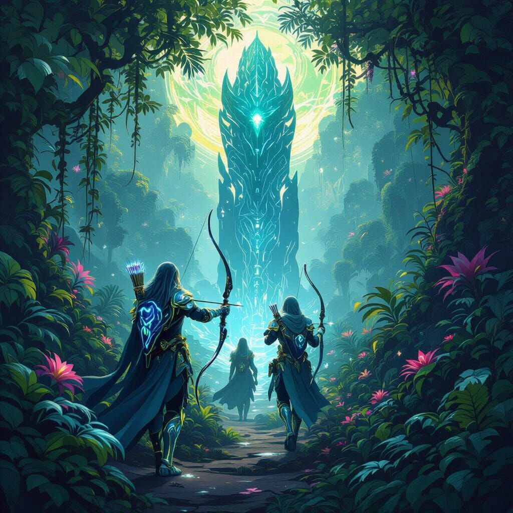 Elven Rangers Explore Bioluminescent Alien Jungle Art Nouvea...