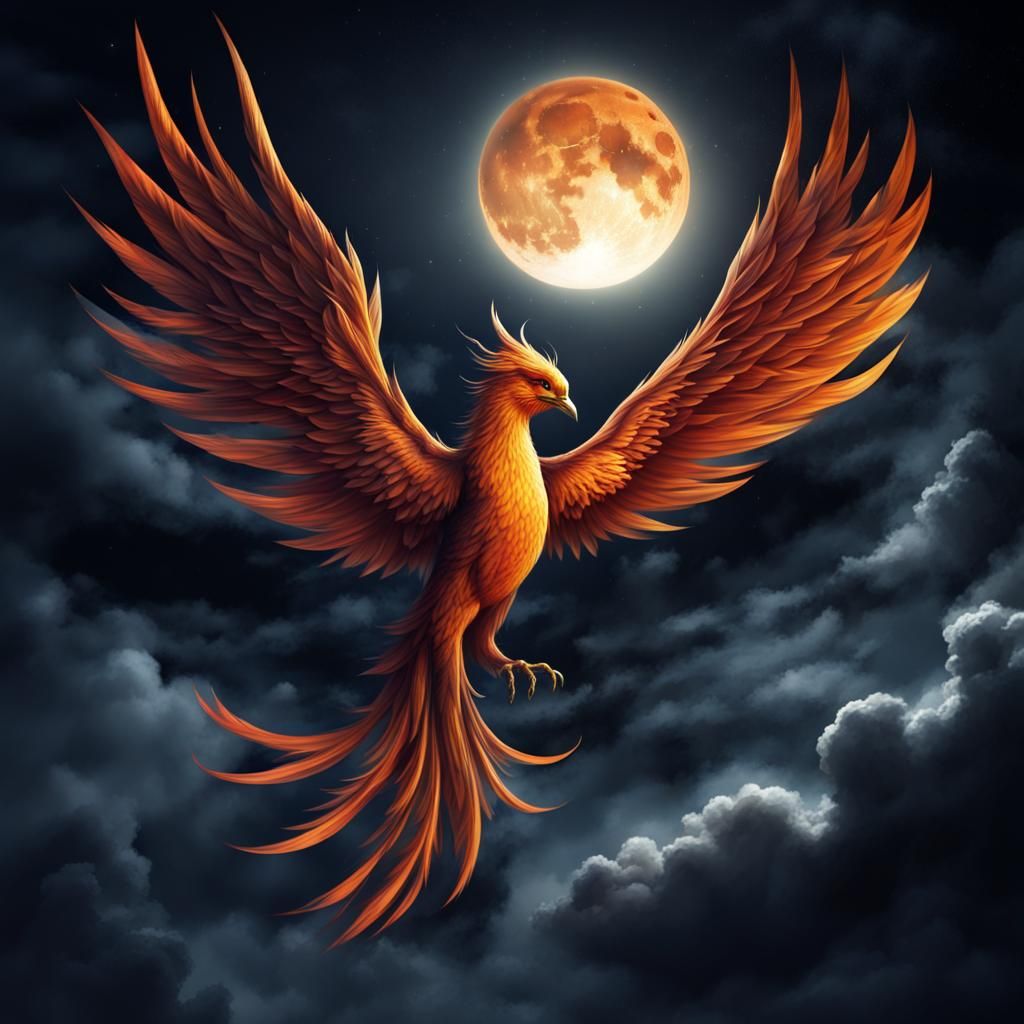 Phoenix Flight Under Full Moon in Fantasy Sky