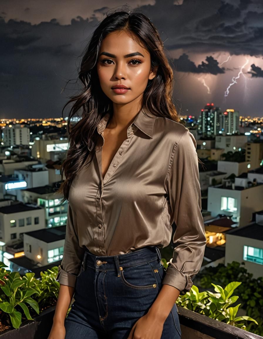 Tropical City Thunderstorm with Indonesian Woman