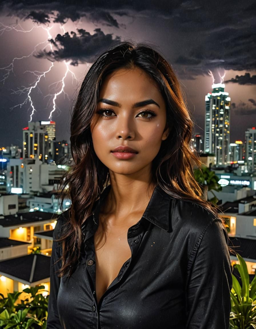 Tropical Storm Over City at Night