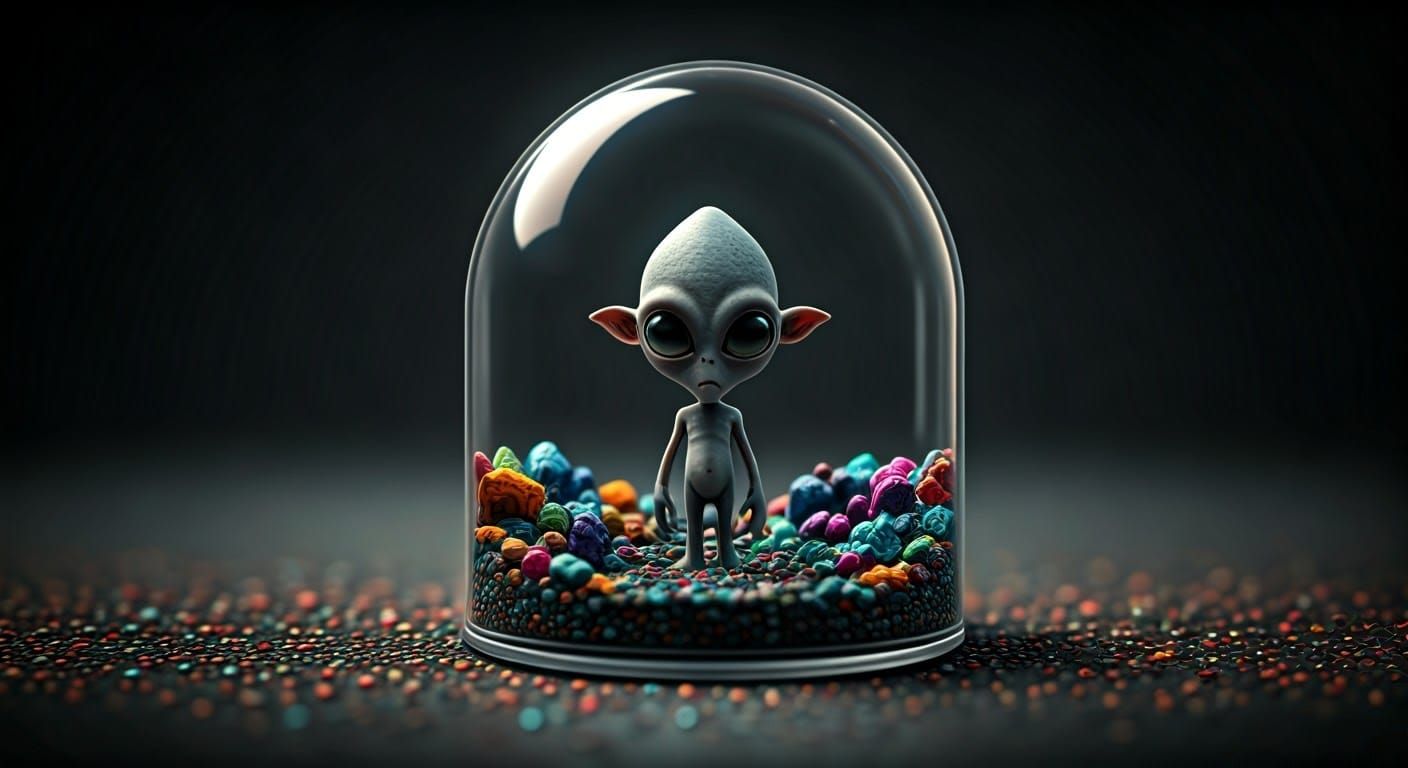 Gray Alien in Terrarium, Tilt-Shift Illustration