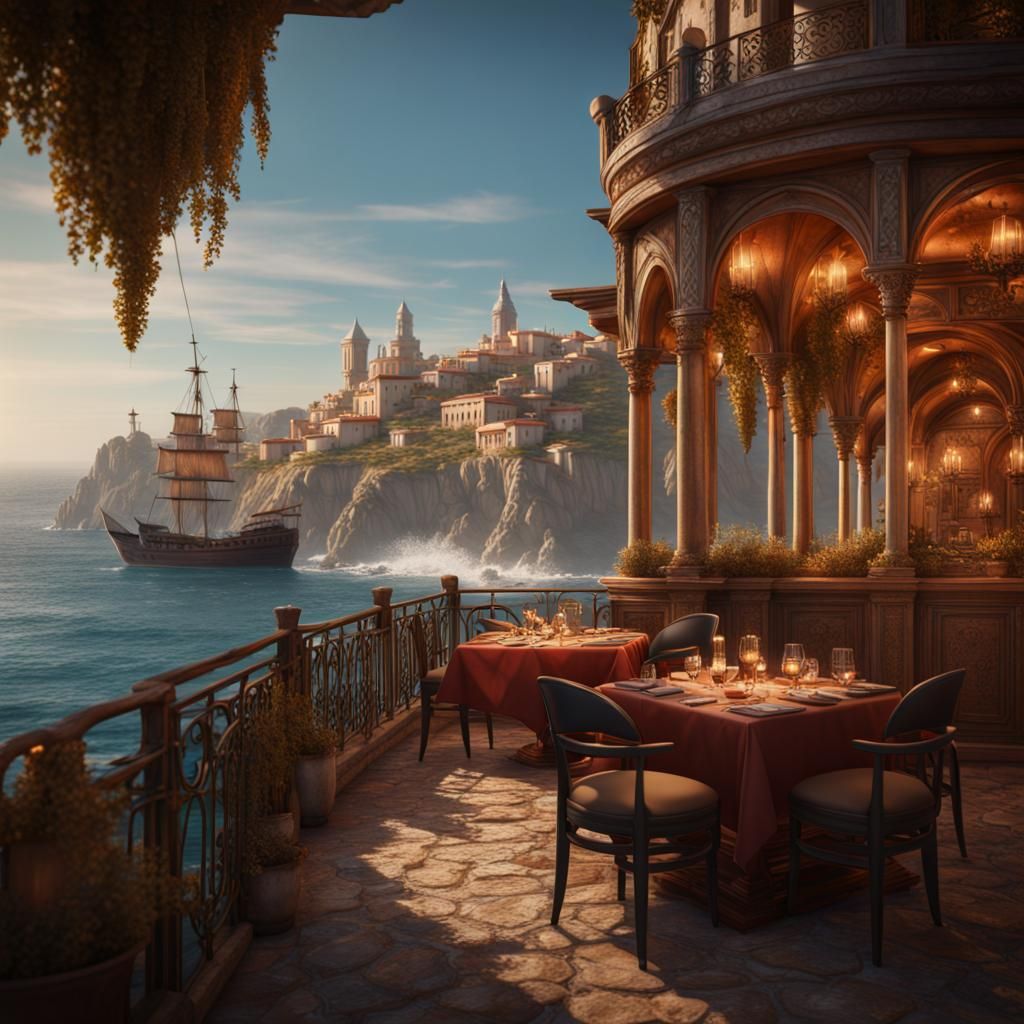 Mediterranean Restaurant Overlooking the Sea in Matte Painti...