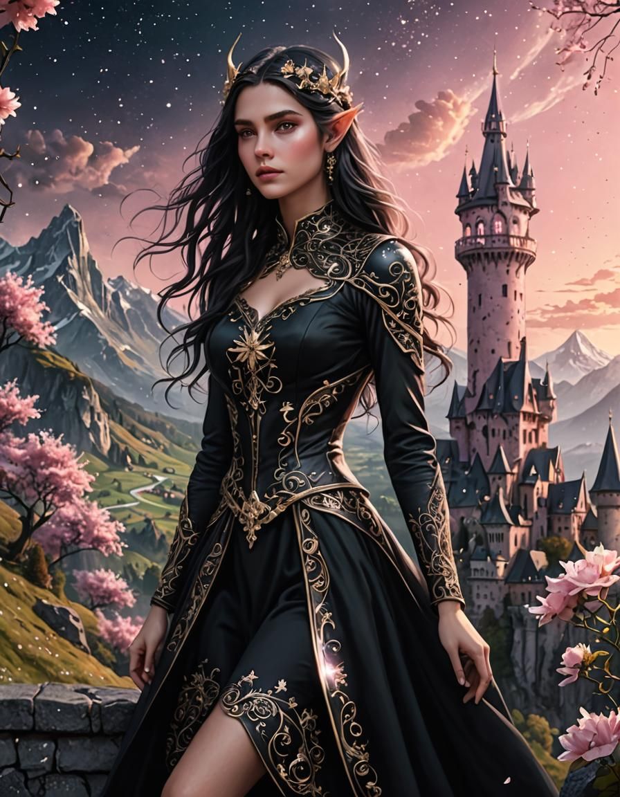 Elven Lady with Long Hair in Fantasy Landscape
