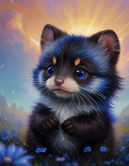 Cute Fluffy Polecat Creature in Flower Rain