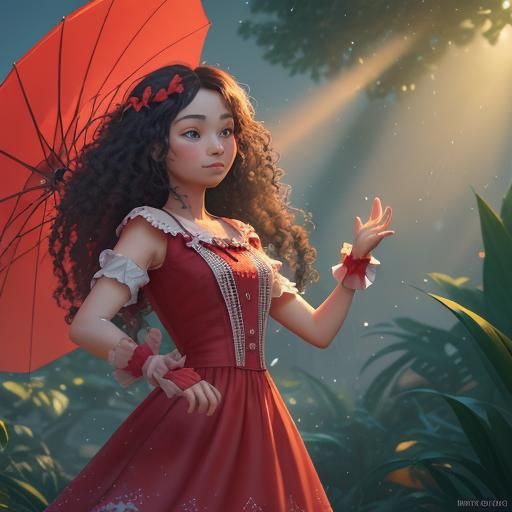 A whimsical image of an adorable little cheeky girl with long curly hair in a beautiful dress composed of red hearts, sh...