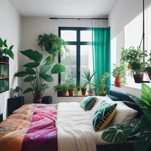 Modern Colorful Bedroom with Plants: Professional Photograph...