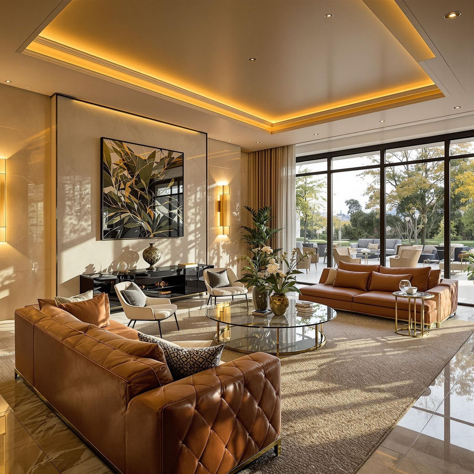 Luxurious Modern Mansion Interior with Warm Golden Lighting