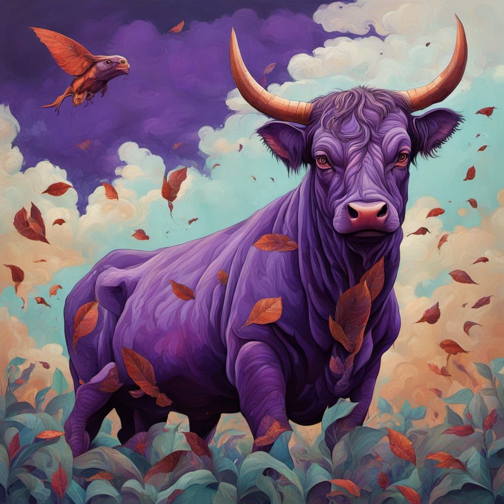 Surreal Abstract Painting of Bull with Gum Leaf and Copper A...