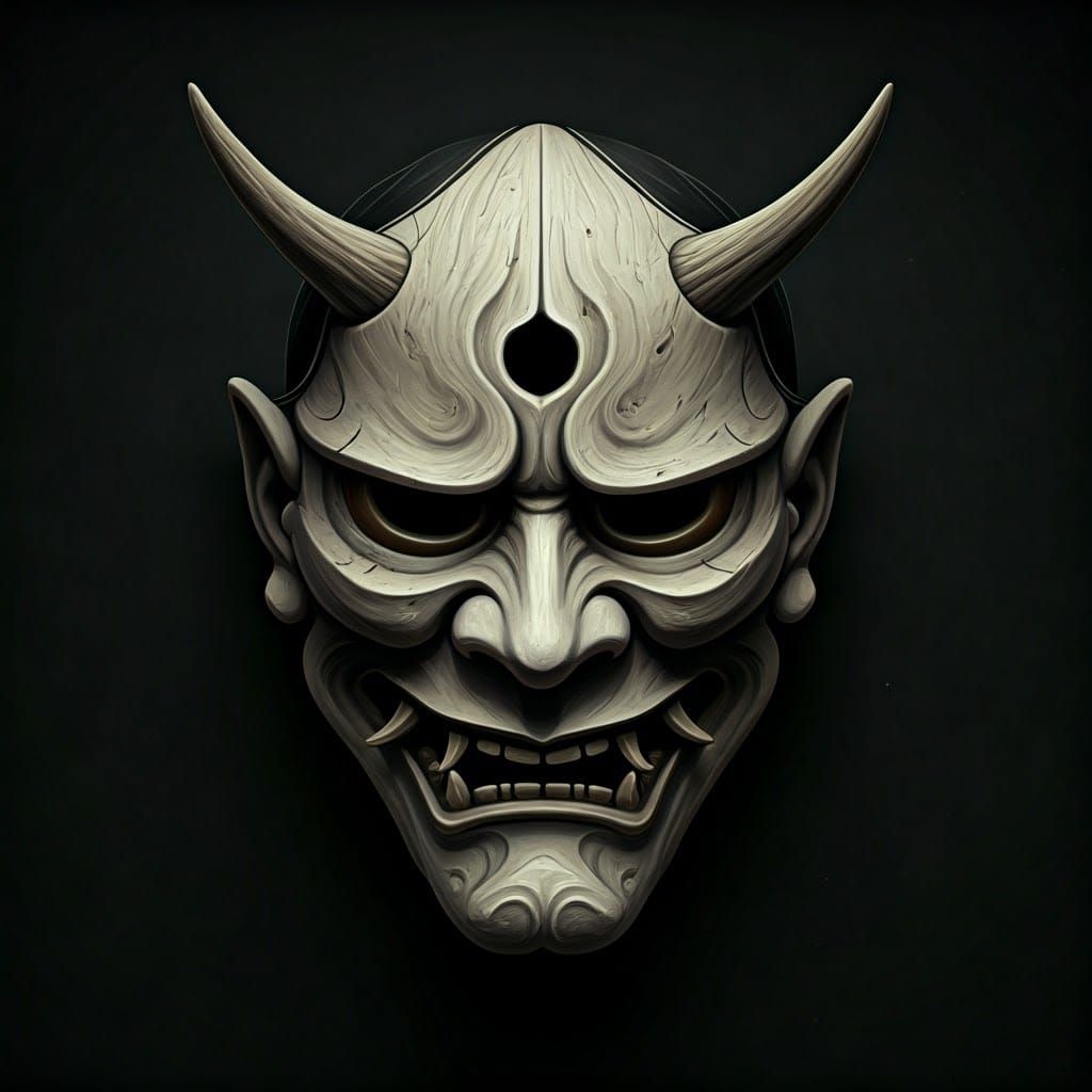 Weathered Wooden Oni Mask in Dark Chiaroscuro Style