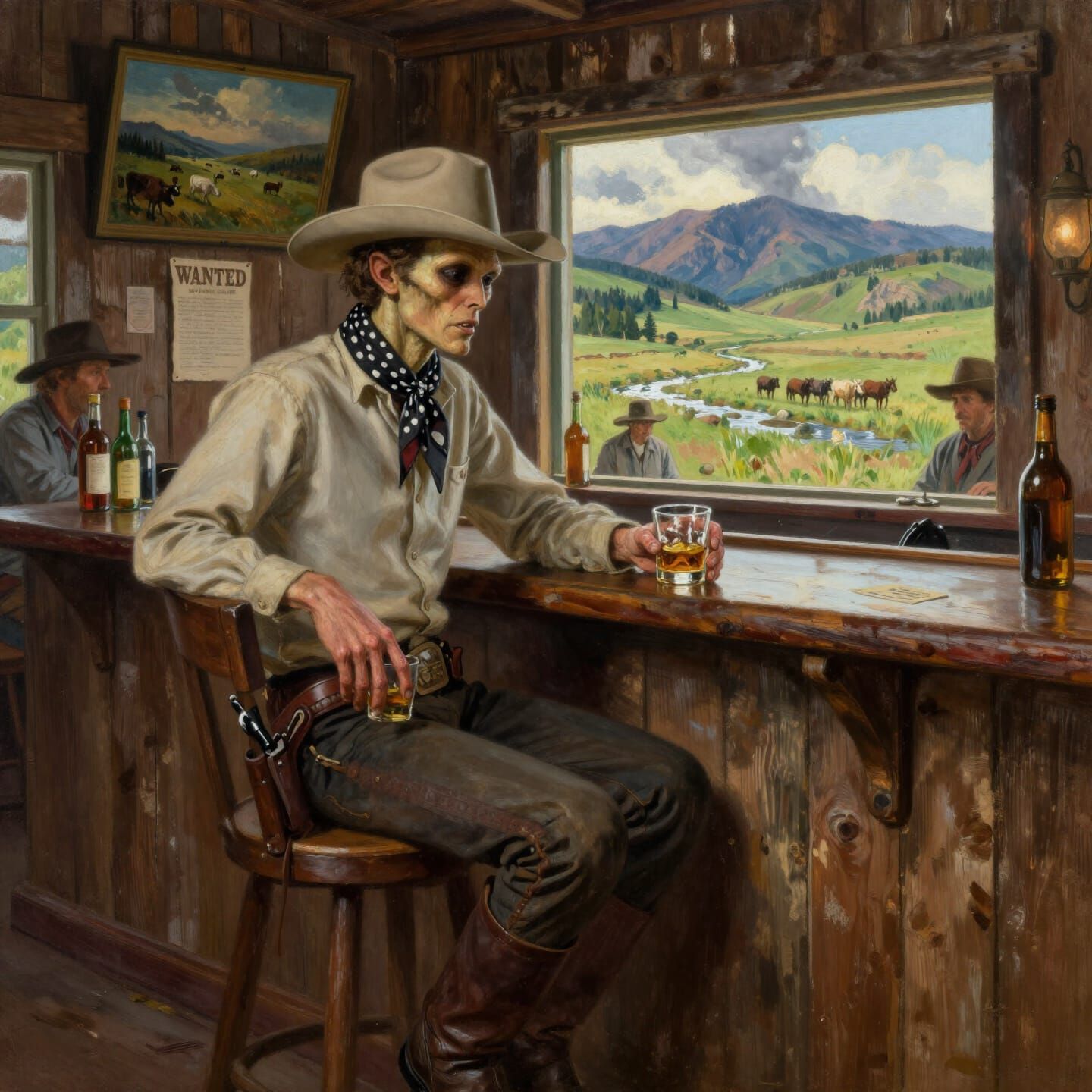 Alien Cowboy at Saloon in Oil Painting Style