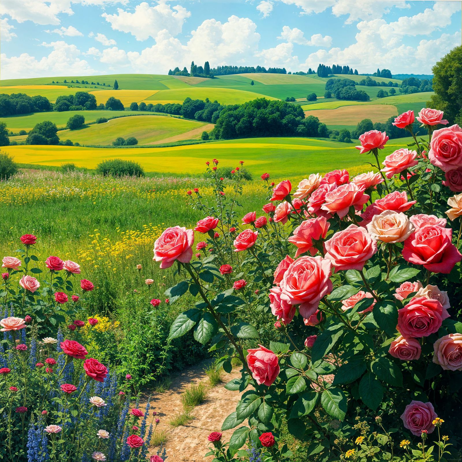 English Summer Rose Garden in Vibrant Old Masters Style