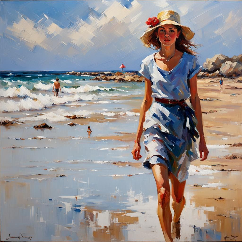 British Girl Walking on Beach in Romantic Realism Style