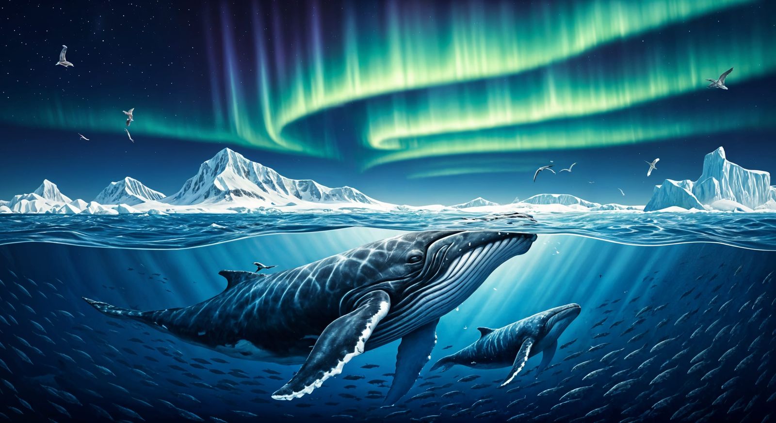 Mother Whale in Arctic Seascape with Northern Lights