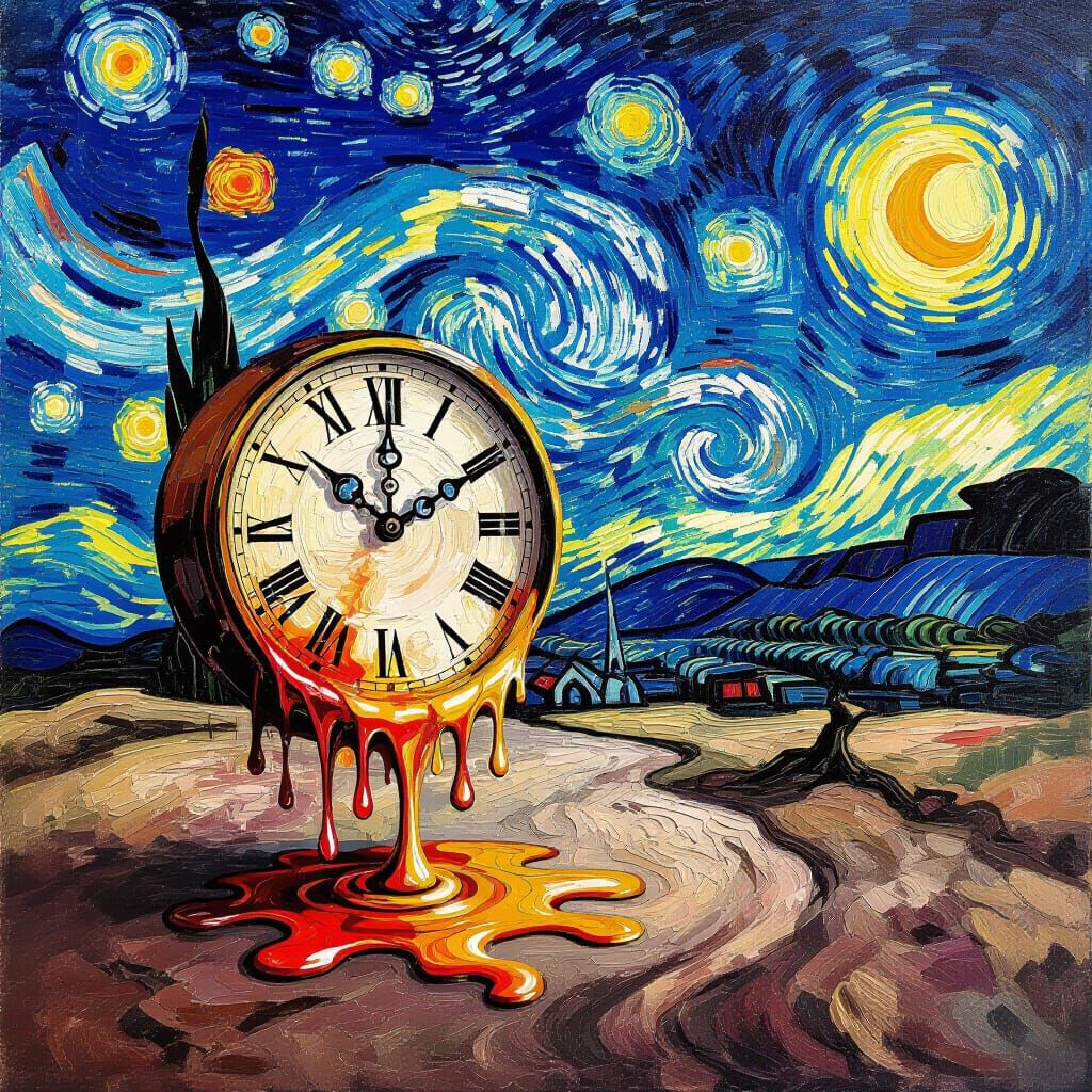Melting Clock Over Barren Landscape in Van Gogh Style