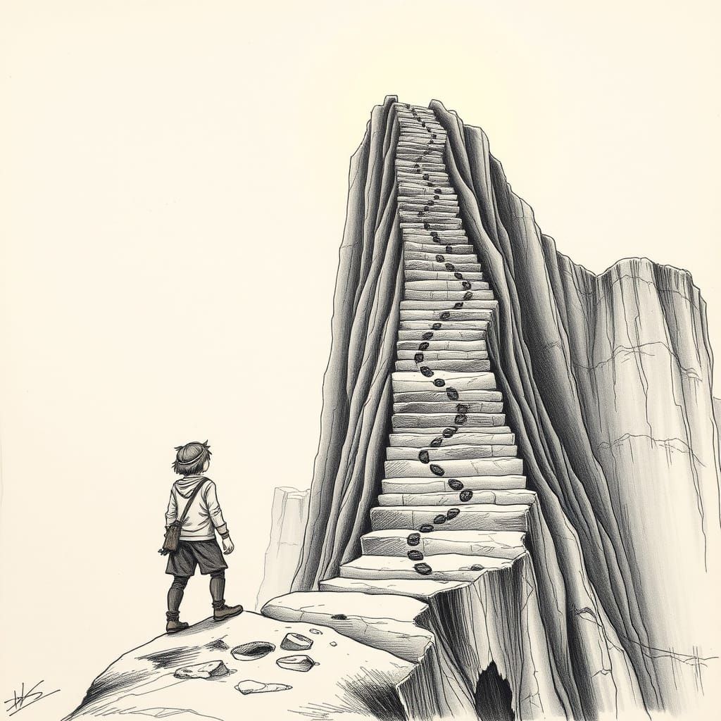 Vintage Ink Drawing: Giant Staircase to the Sky