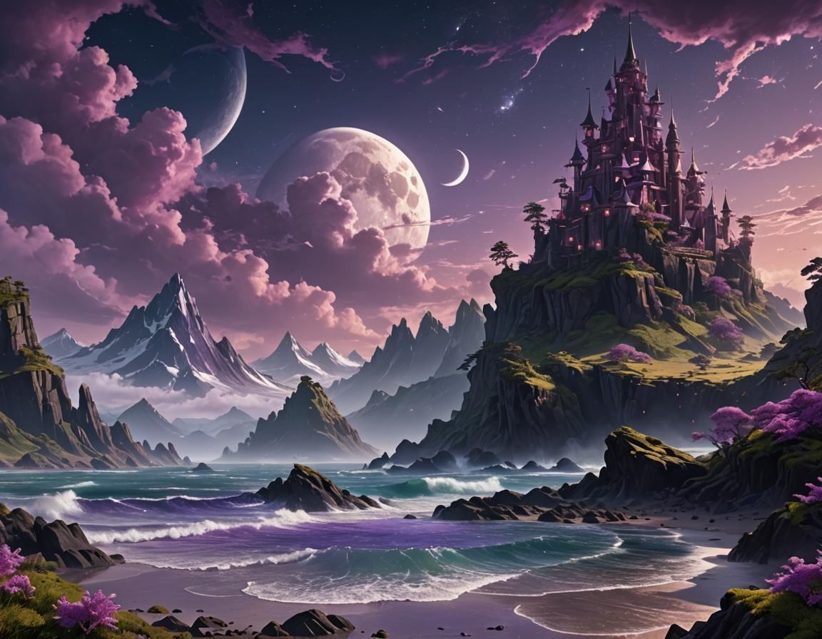 Celestial Shore at Night: A Detailed Matte Painting