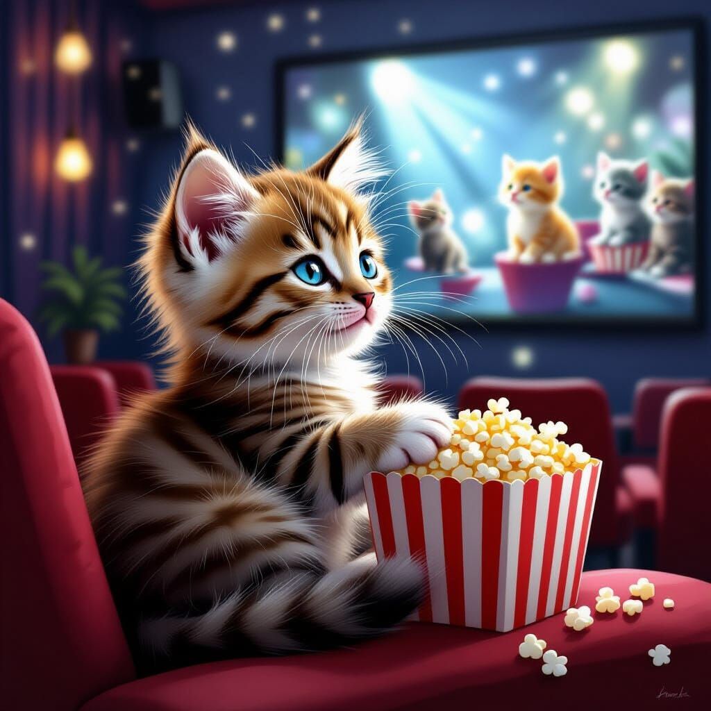 Sweet Kitten Watches Movie in Club: Realistic Art