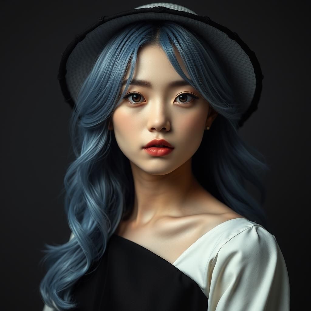 Una joven de 20 años de origen Chino de pelo azul liso y lar...