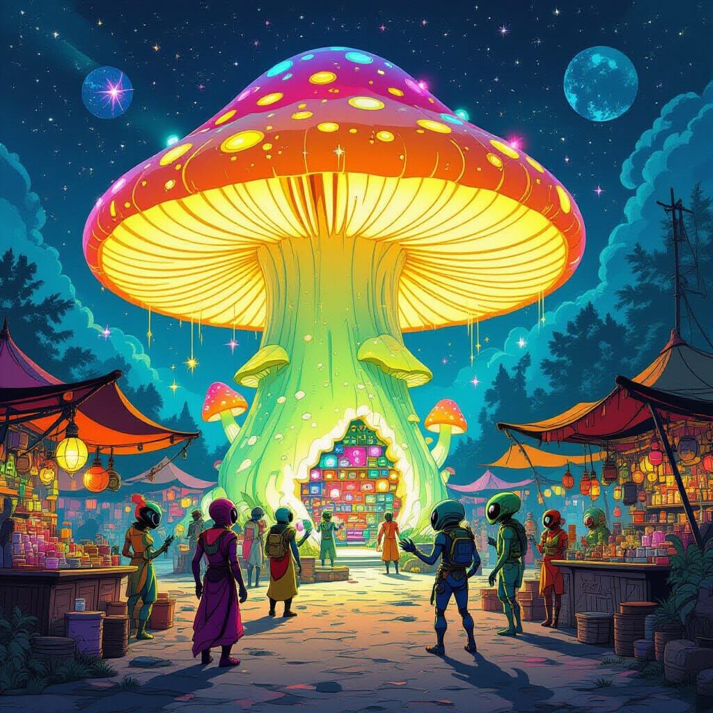 Alien Marketplace Inside Giant Bioluminescent Mushroom