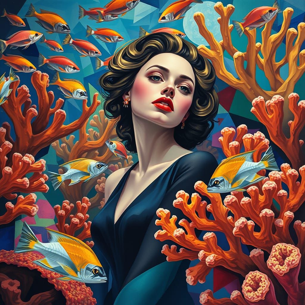 Neo-Cubist Coral Reef Scene with Woman