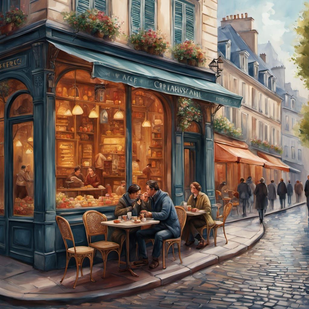 Parisian Morning Bistro Scene in Watercolor Style