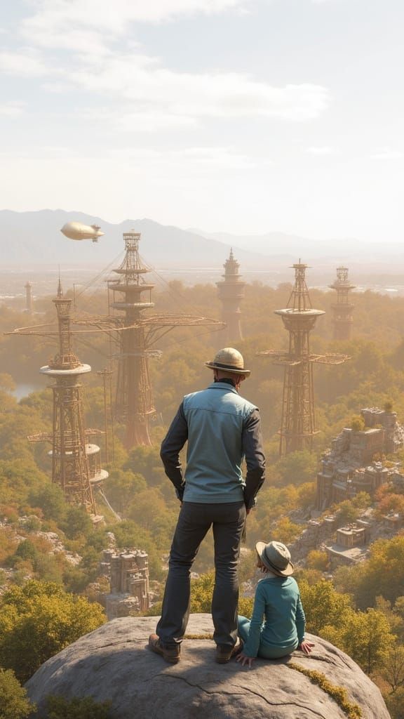 Steampunk Tree City with Clockwork Automatons and Airships