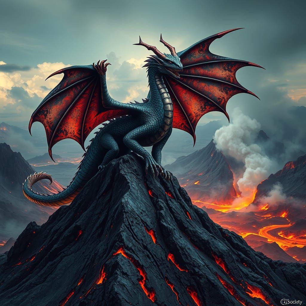 Majestic Obsidian Dragon Dominates Volcanic Landscape