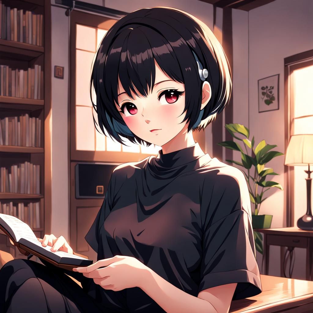 Woman Listening to Music in Anime Style