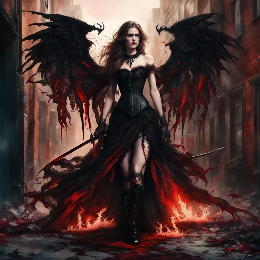 Gothic Angel with Bleeding Heart and Flaming Sword