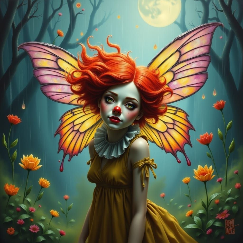Clown Fairy in the Rain: Whimsical Digital Art