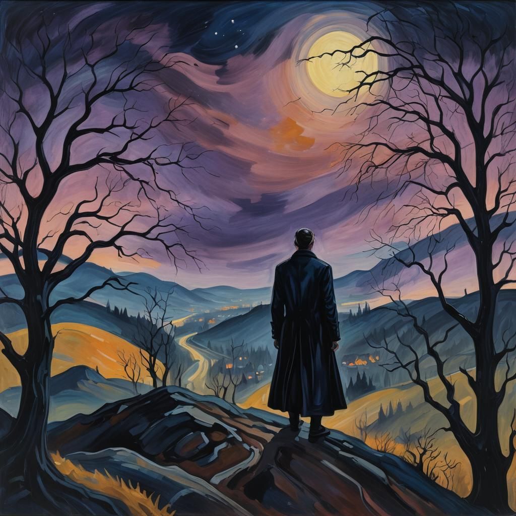 Brooding Vampire on Hilltop in Edvard Munch Style