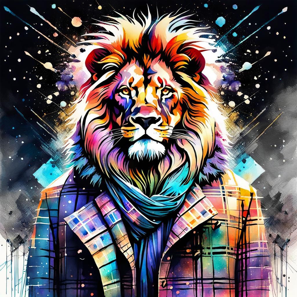 Plaid Lion in Cosmic Watercolor