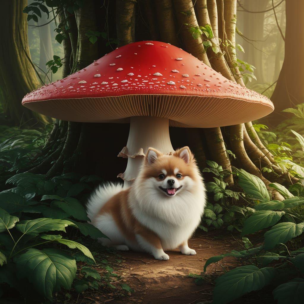 Pomeranian Dog Under Mushroom in Forest