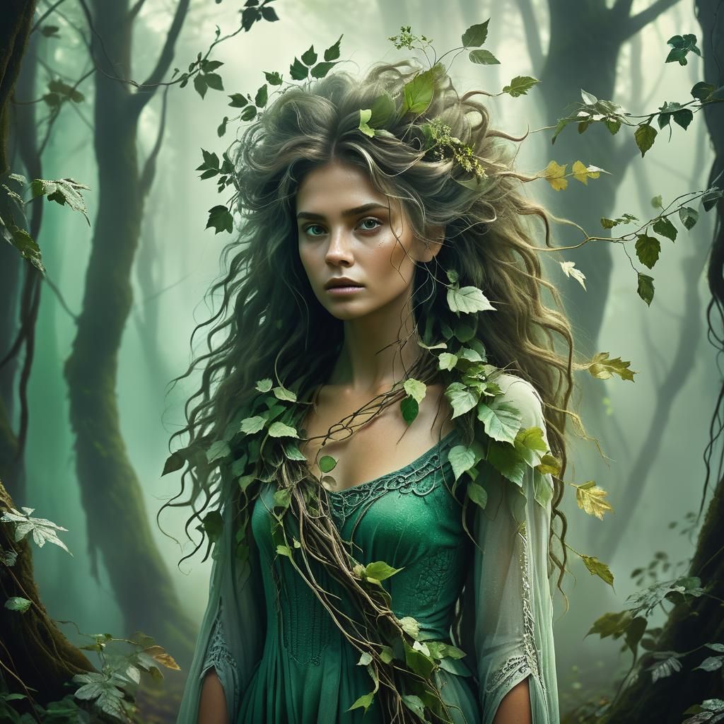 Mystical Woman in Forest: Surreal Digital Painting