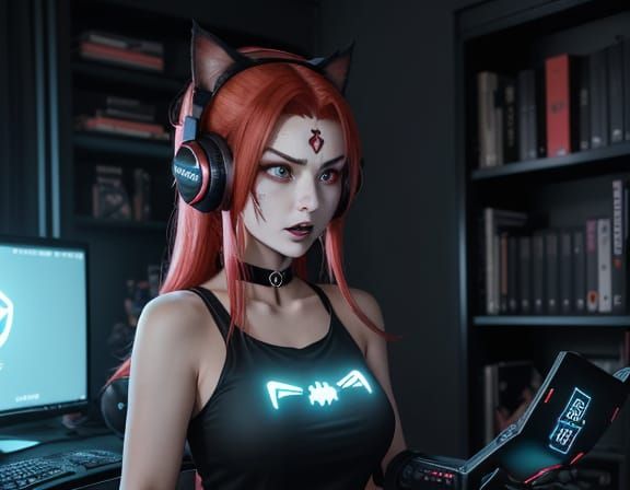 Anime-Style Gamer Girl in Fierce Late-Night Gaming Session