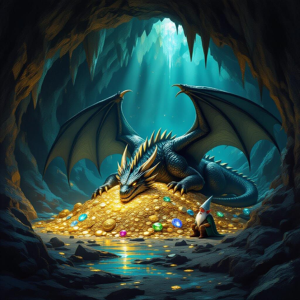 Dragon Hoard in Glowing Cave with Hobbit