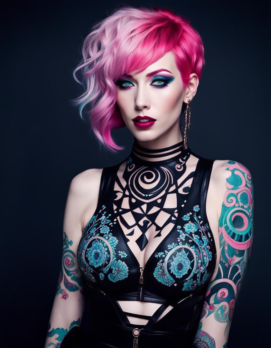 Pink Haired Zombie Goth with Tribal Tattoos
