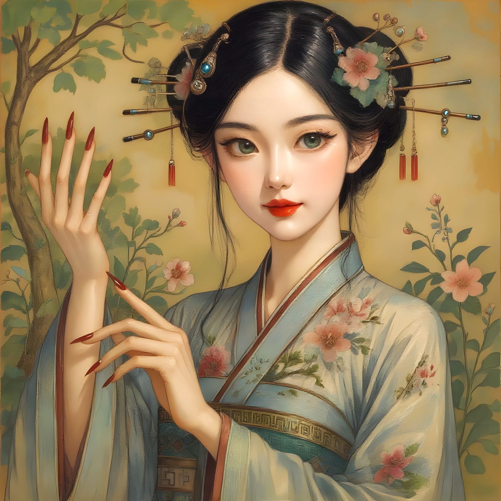 Chinese Princes in Ancient Garden with Vivid Flowers