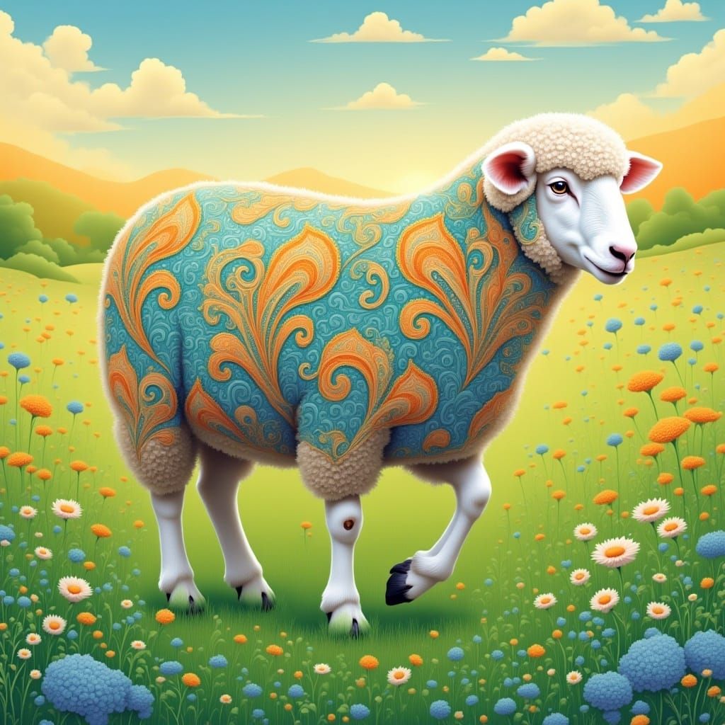 Fluffy Sheep Trotting Through a Sunny Meadow