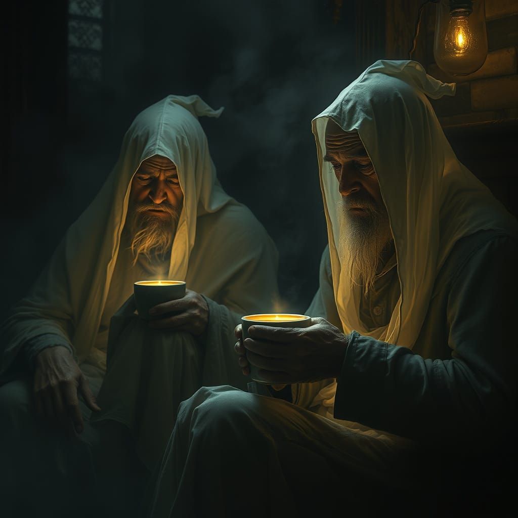 Worn Souls Find Peace in Coffee's Warmth Amidst Darkened Eth...