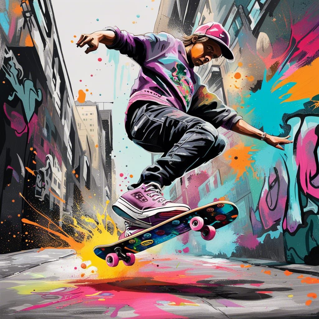Skater Mid-Kickflip in Graffiti Splash Art Style
