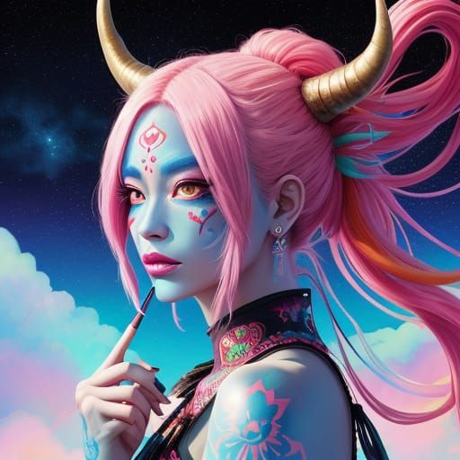 Anime Woman with Horns in Surreal Cloudscape