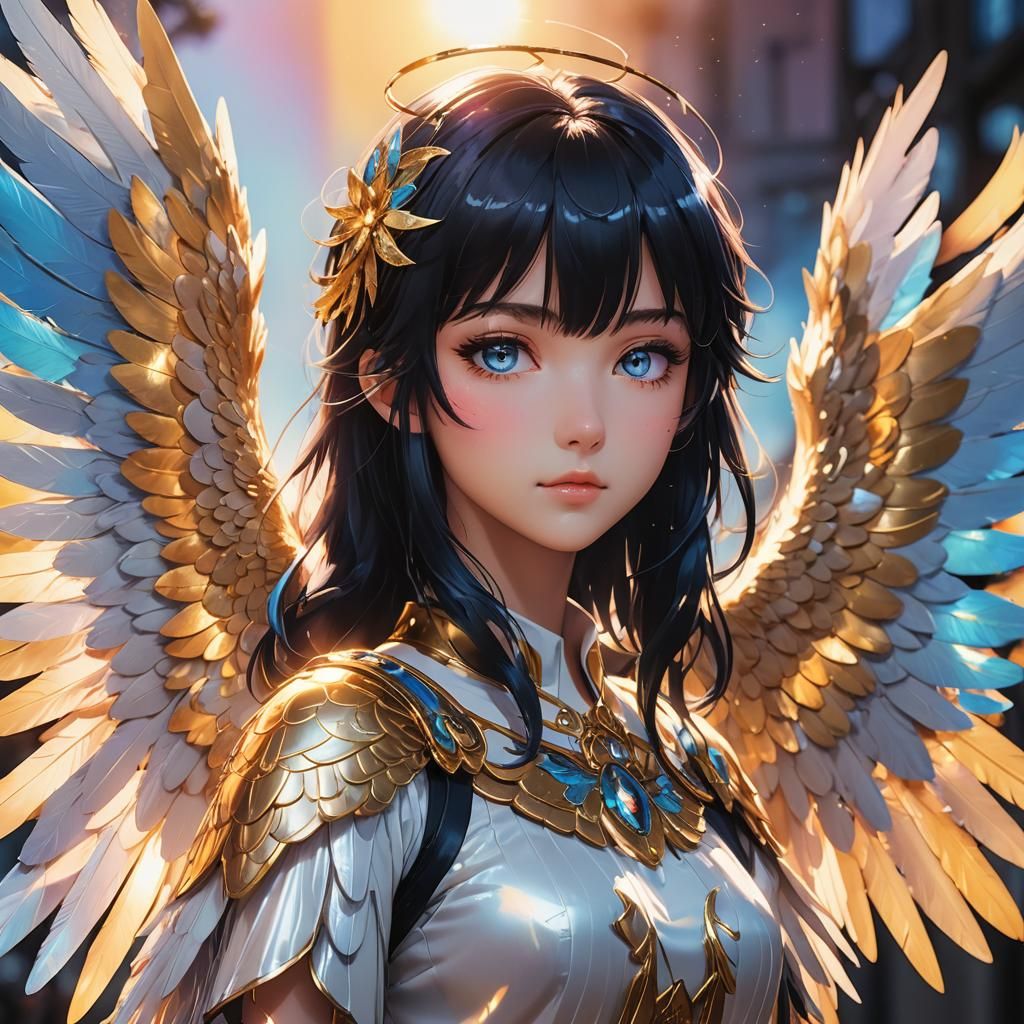 Anime Girl Angel with Iridescent Wings