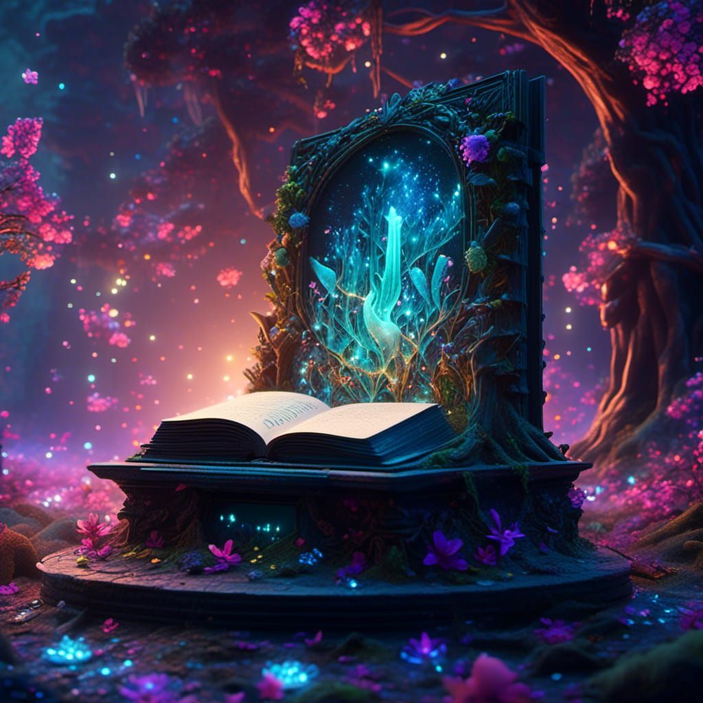 Crystallized Spellbook in Bioluminescent Forest, Digital Pai...
