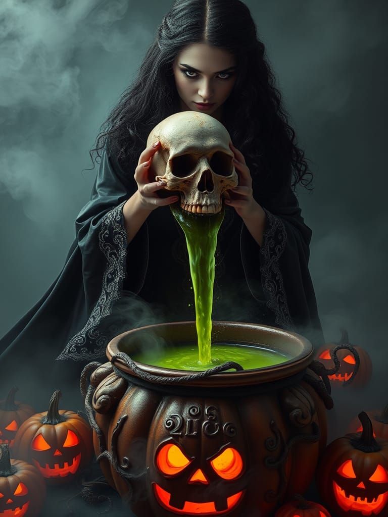 Mysterious Witch with Skull and Halloween Cauldron