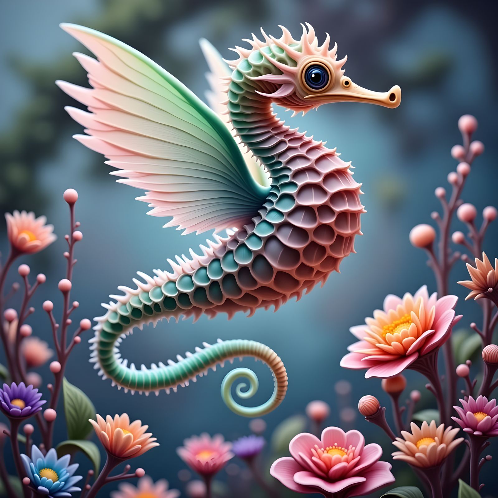 Vibrant Seahorse Soars Above Whimsical Blooming Garden
