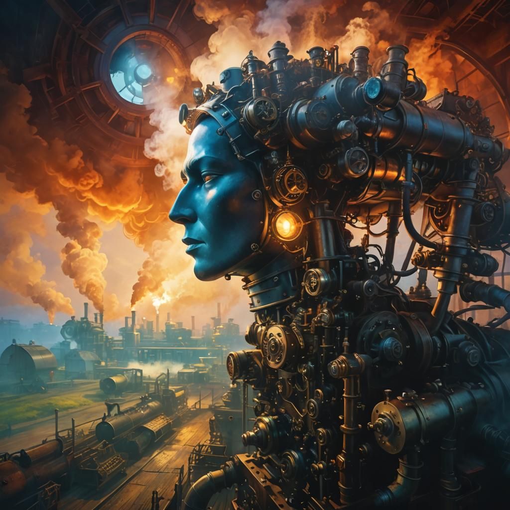 Steampunk Engine in Dimly Lit Factory